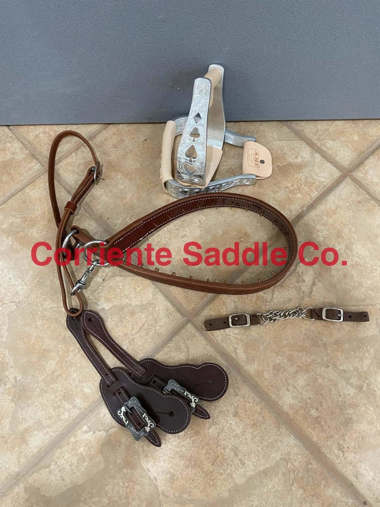 BOX #12 TACK COLLAR, SPUR STRAPS, STIRRUPS & CURB CHAIN