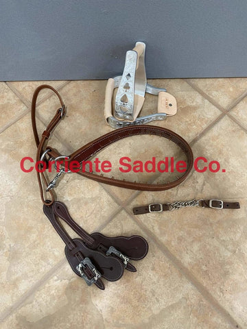 BOX #12 TACK COLLAR, SPUR STRAPS, STIRRUPS & CURB CHAIN