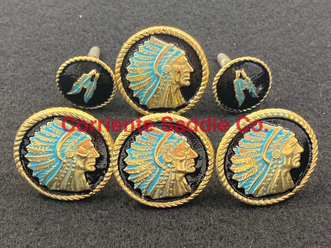 CBCONCH 124D Gold Indian Head Dress with Feathers Conchos